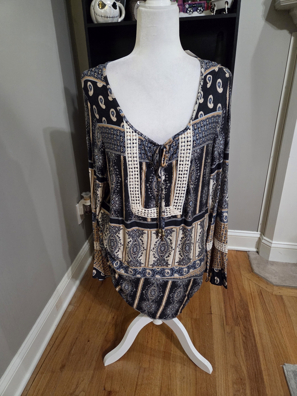 ONE WORLD Navy and Cream Boho Paisley Tie-Neck Blouse
